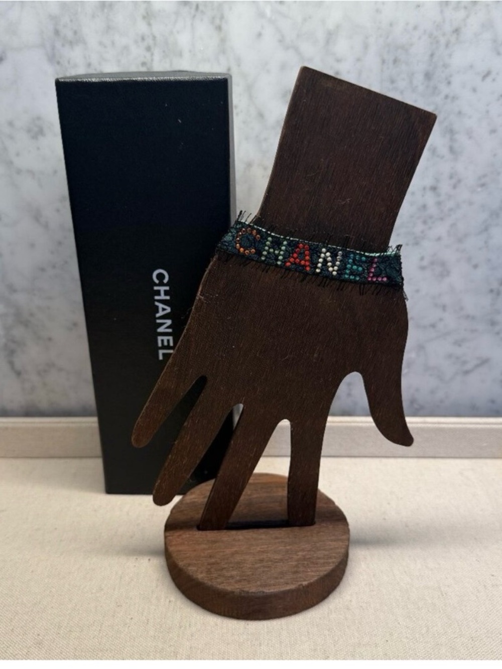 CHANEL Black Woven Multicolor Beaded Logo Bracelet